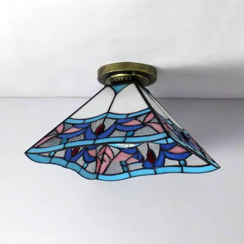 Tiffany Style Stained Glass Flush Mount Ceiling Light In Antique Brass - 1 Fixture Blue