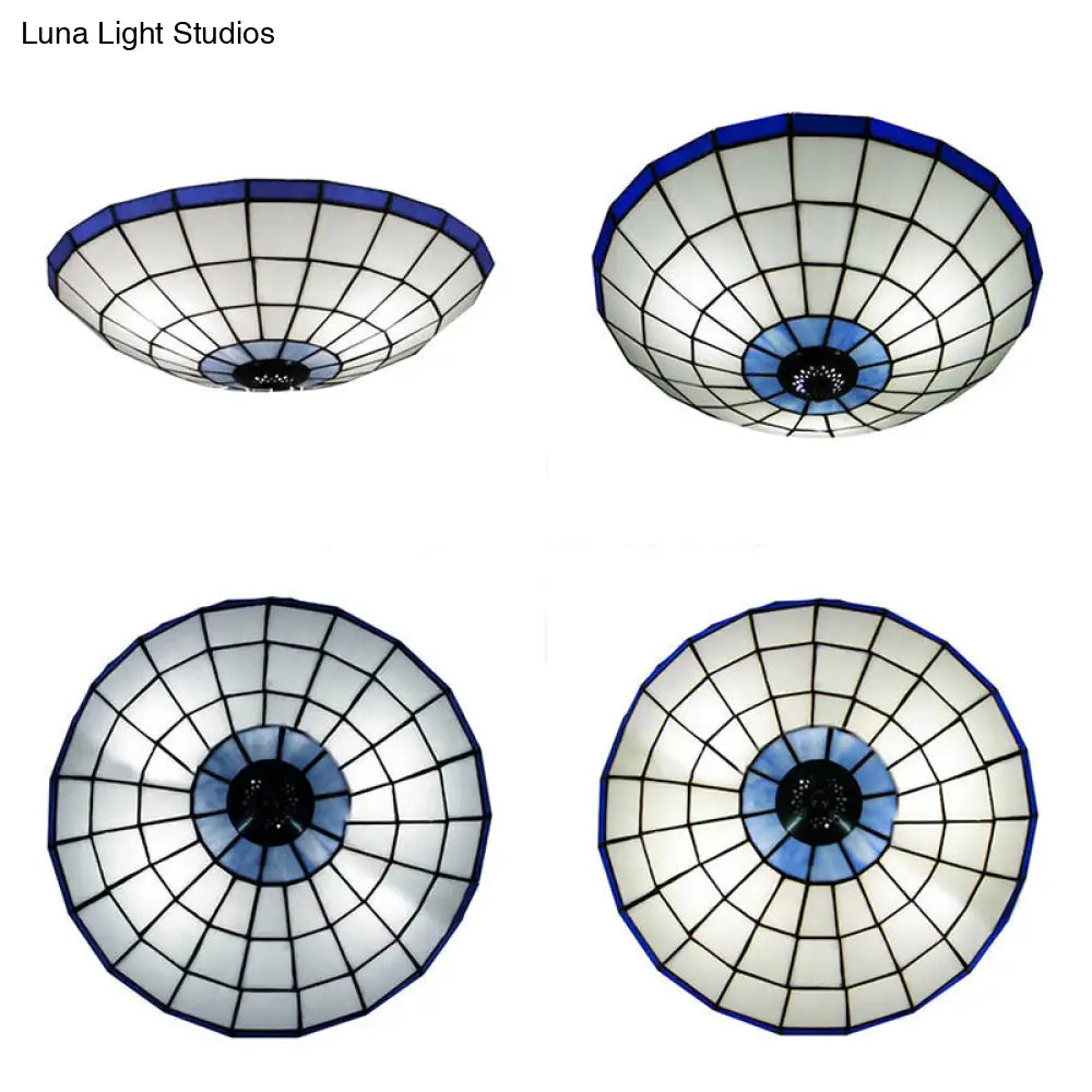Tiffany Style Stained Glass Flush Mount Light In Blue - Perfect For Living Room 3 Width Sizes
