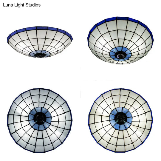 Tiffany Style Stained Glass Flush Mount Light In Blue - Perfect For Living Room 3 Width Sizes