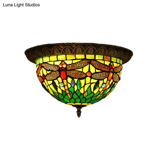 Tiffany Style Stained Glass Flushmount Ceiling Light With 2 Bulbs - Foyer Flush Fixture