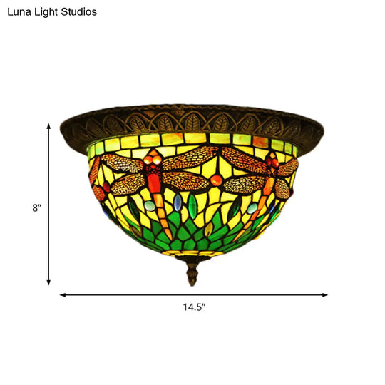 Tiffany Style Stained Glass Flushmount Ceiling Light With 2 Bulbs - Foyer Flush Fixture