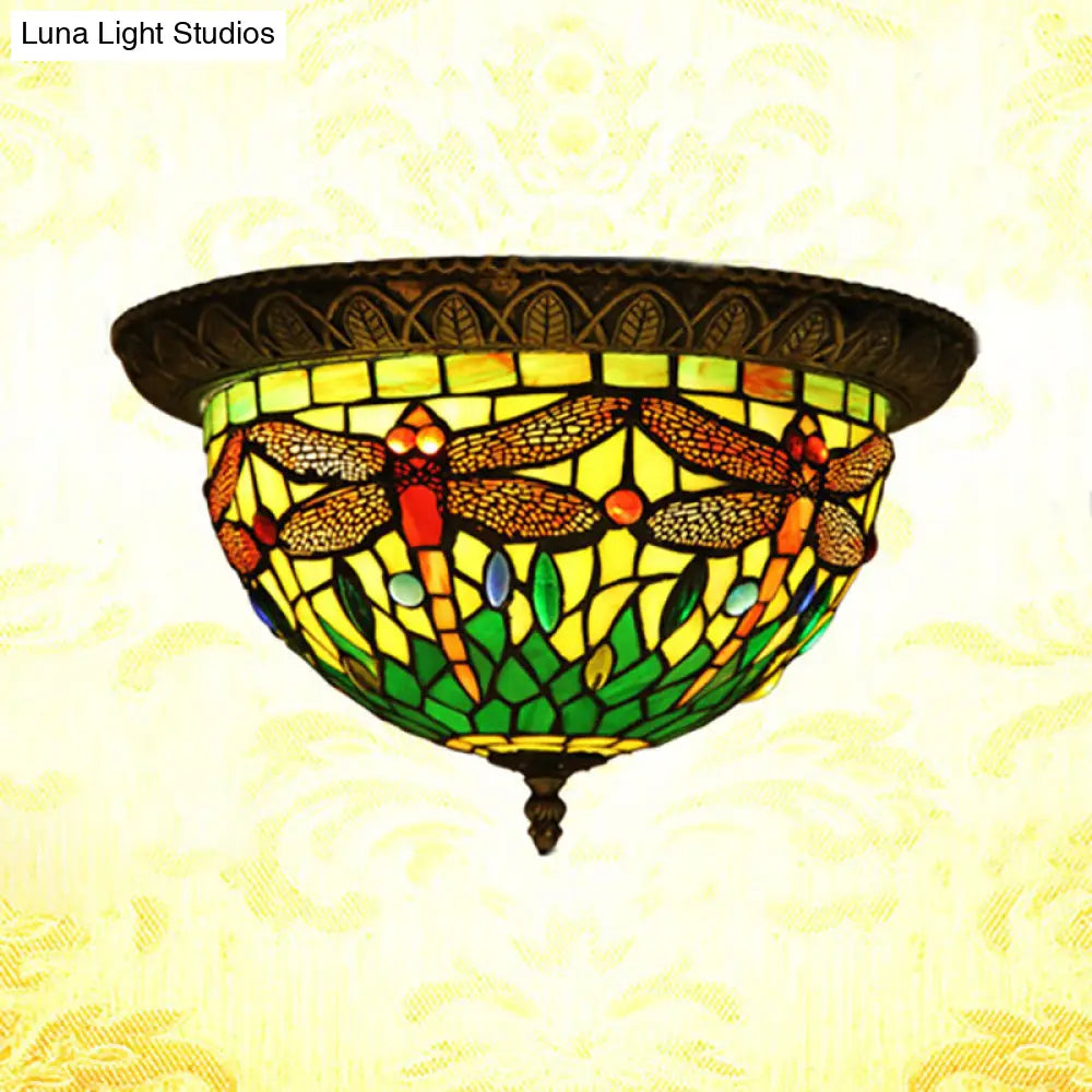 Tiffany Style Stained Glass Flushmount Ceiling Light With 2 Bulbs - Foyer Flush Fixture Bronze