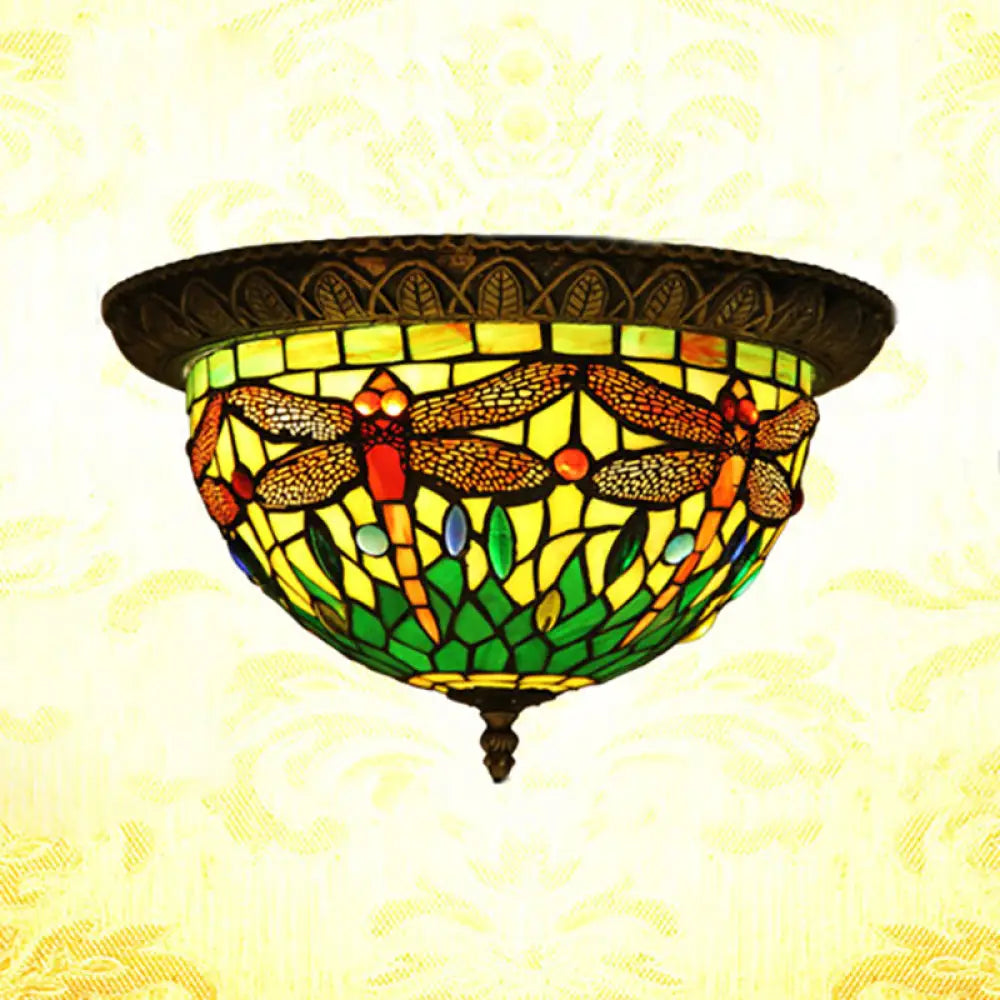 Tiffany Style Stained Glass Flushmount Ceiling Light With 2 Bulbs - Foyer Flush Fixture Bronze