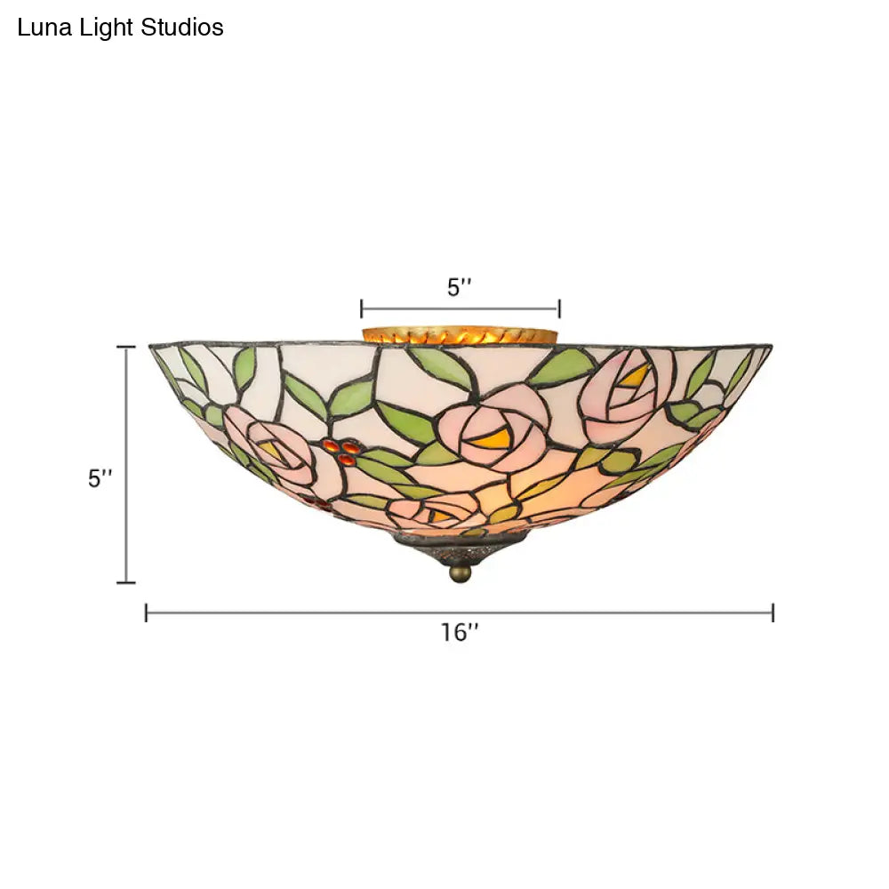 Tiffany Style Stained Glass Flushmount Light: Bowl Flower Ceiling Fixture Multicolor 3 Lights