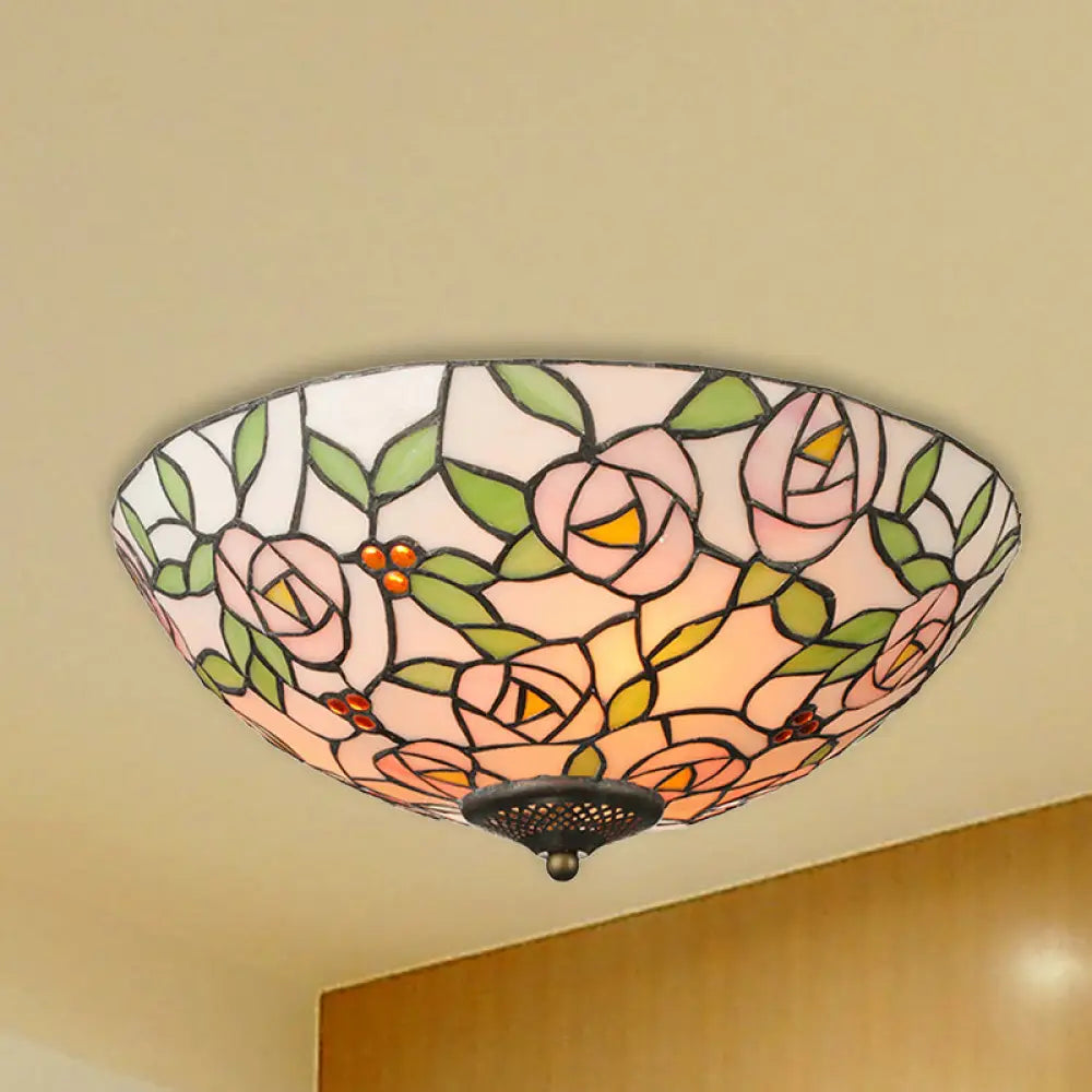 Tiffany Style Stained Glass Flushmount Light: Bowl Flower Ceiling Fixture Multicolor 3 Lights Green