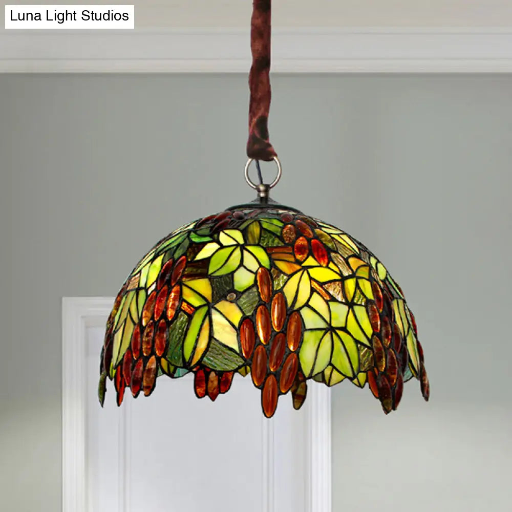 Tiffany-Style Stained Glass Grape Pendant Chandelier With 3 Green Lights