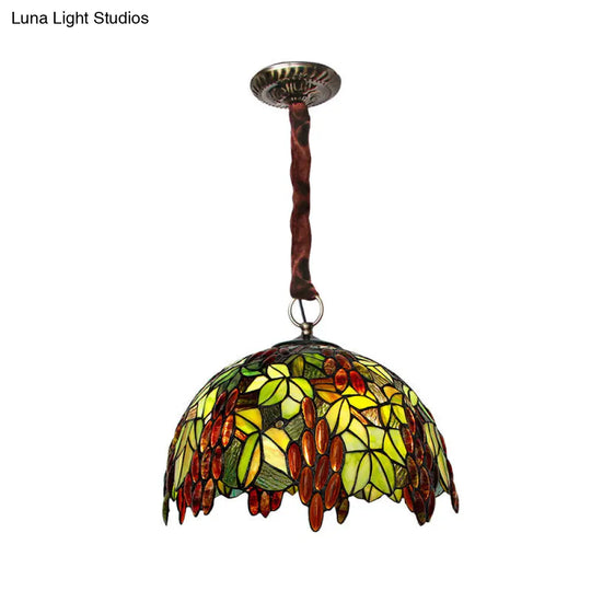 Tiffany-Style Stained Glass Pendant Chandelier - Green 3-Light Grape Suspension Lighting