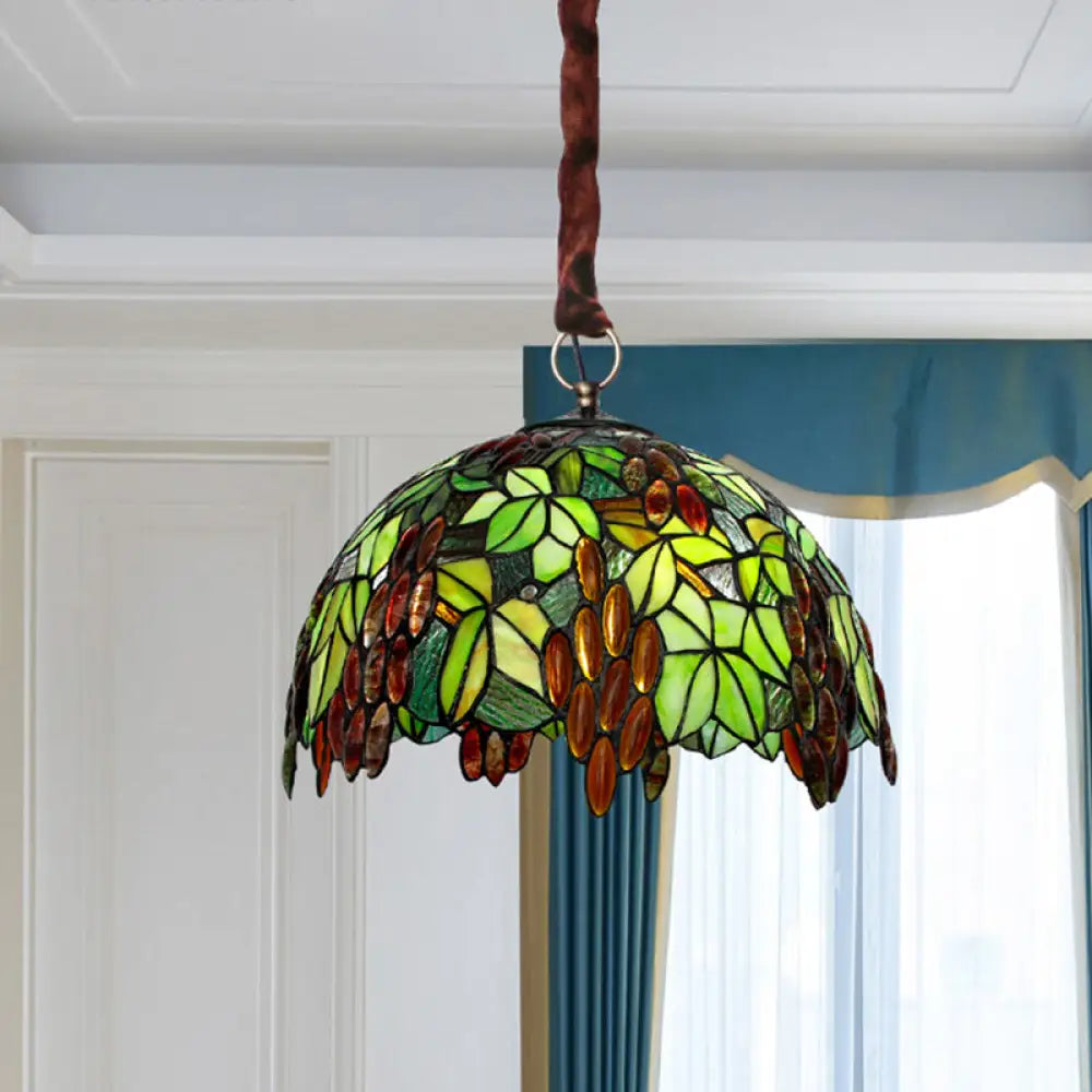 Tiffany-Style Stained Glass Grape Pendant Chandelier With 3 Green Lights