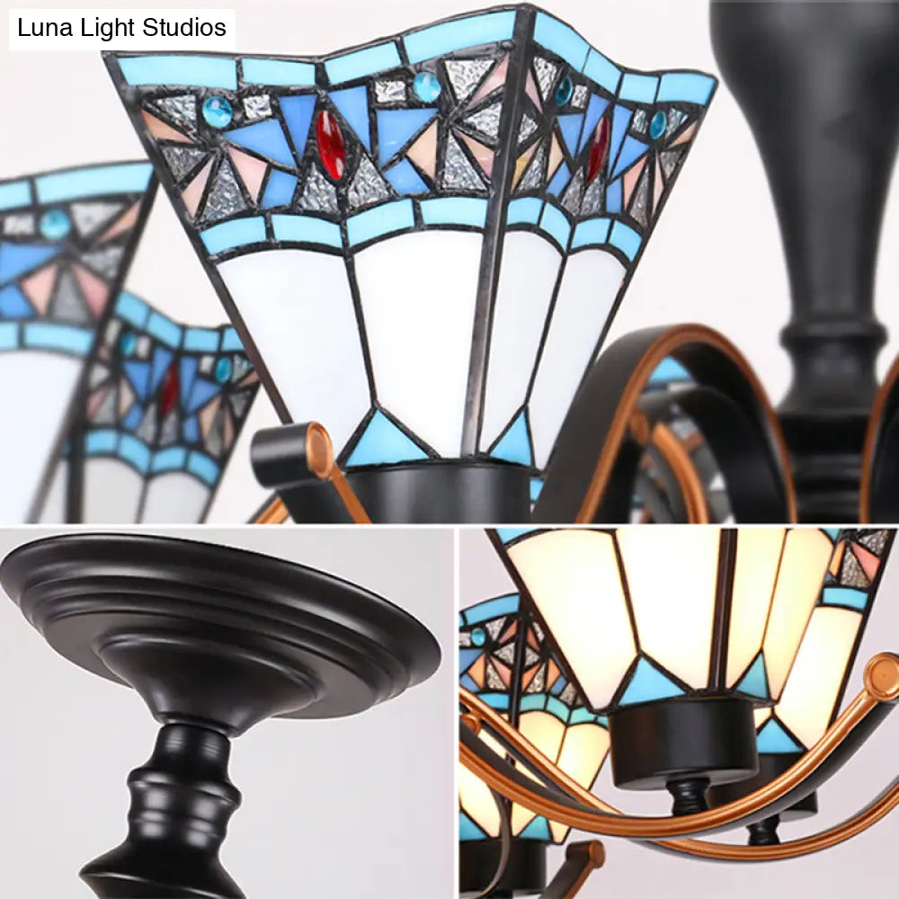 Tiffany Style Stained Glass Inverted Chandelier - 6 Lights Geometric Design For Dining Room