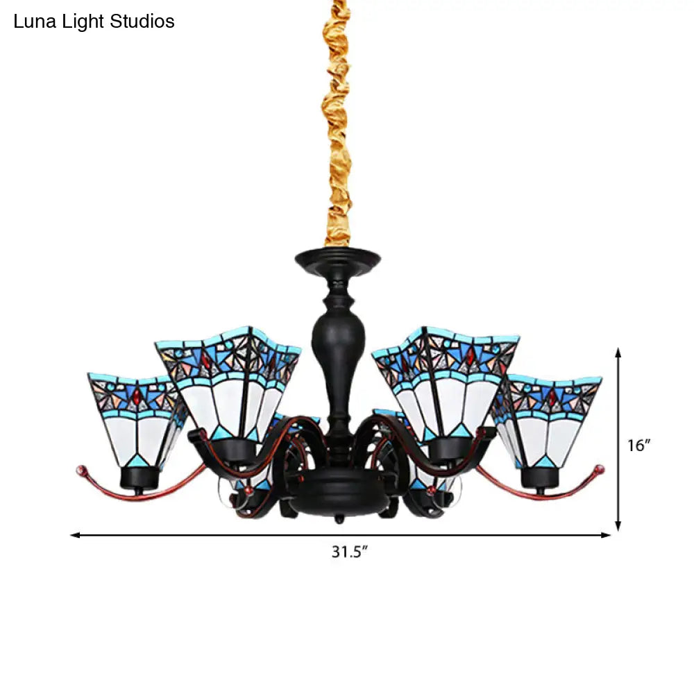 Tiffany Style Stained Glass Inverted Chandelier - Geometric Hanging Light With 6 Lights For Dining