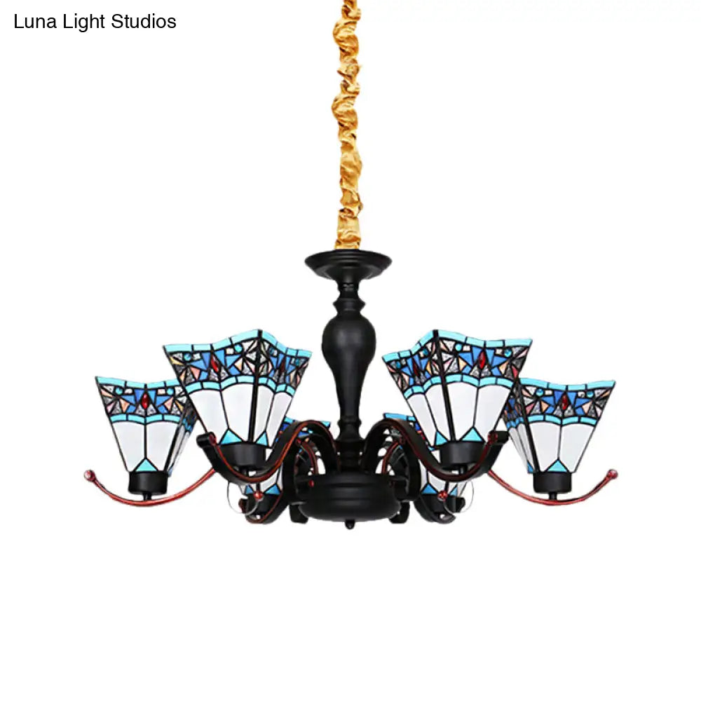 Tiffany Style Stained Glass Inverted Chandelier - 6 Lights Geometric Design For Dining Room