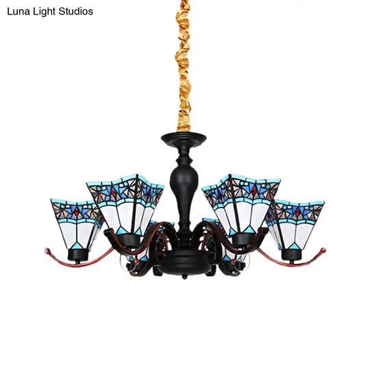 Tiffany Style Stained Glass Inverted Chandelier - 6 Lights Geometric Design For Dining Room