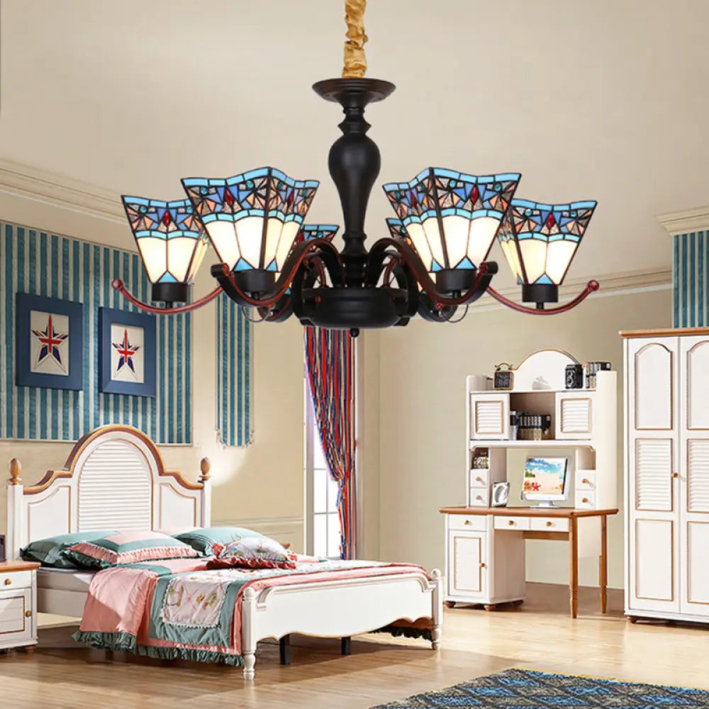 Tiffany Style Stained Glass Inverted Chandelier - 6 Lights Geometric Design For Dining Room