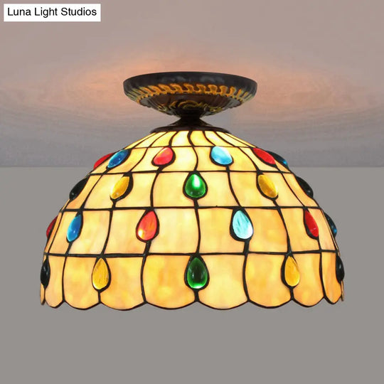 Tiffany-Style Stained Glass Jeweled Ceiling Light In Bronze Flush Mount Multiple Sizes Available /