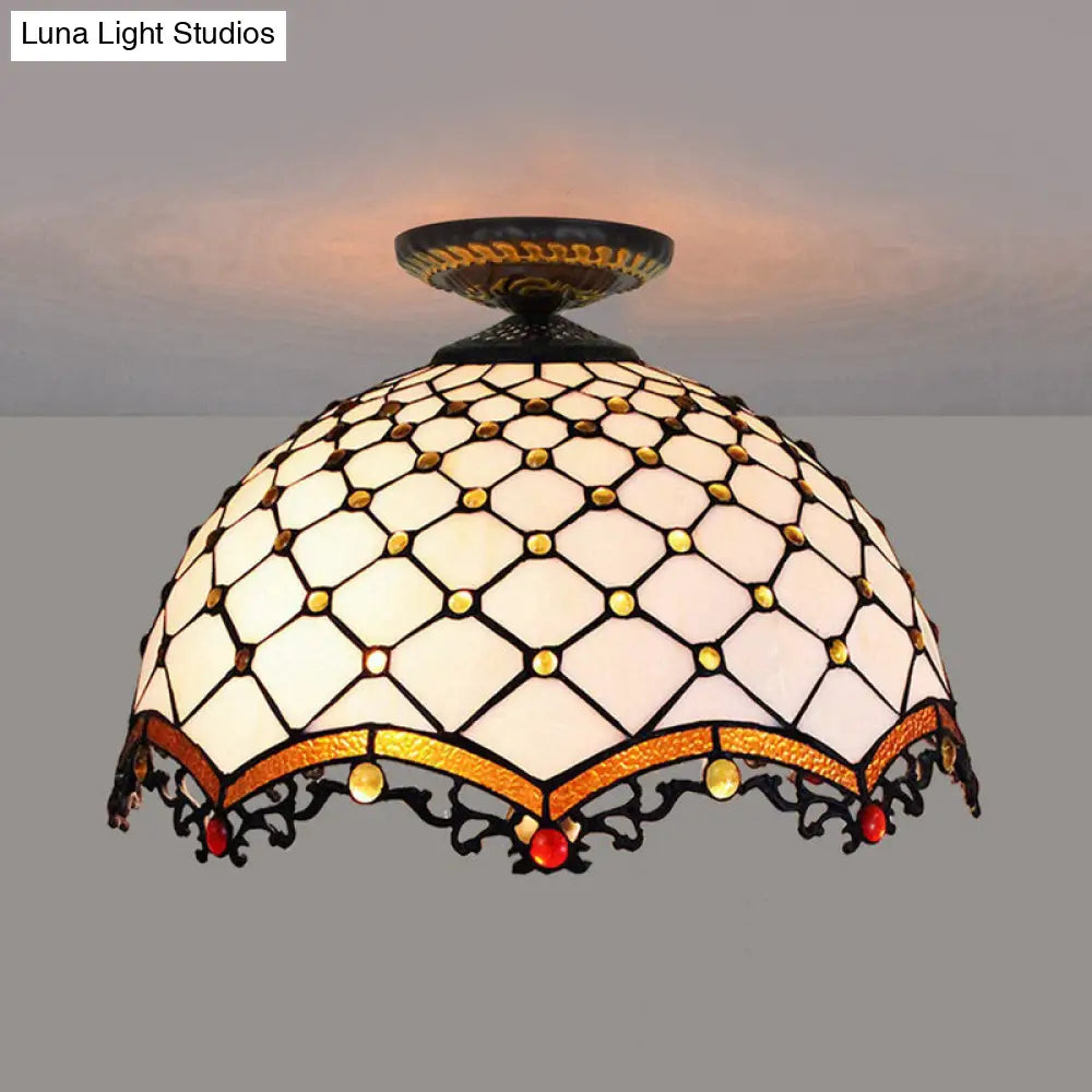 Tiffany-Style Stained Glass Jeweled Ceiling Light In Bronze Flush Mount Multiple Sizes Available /
