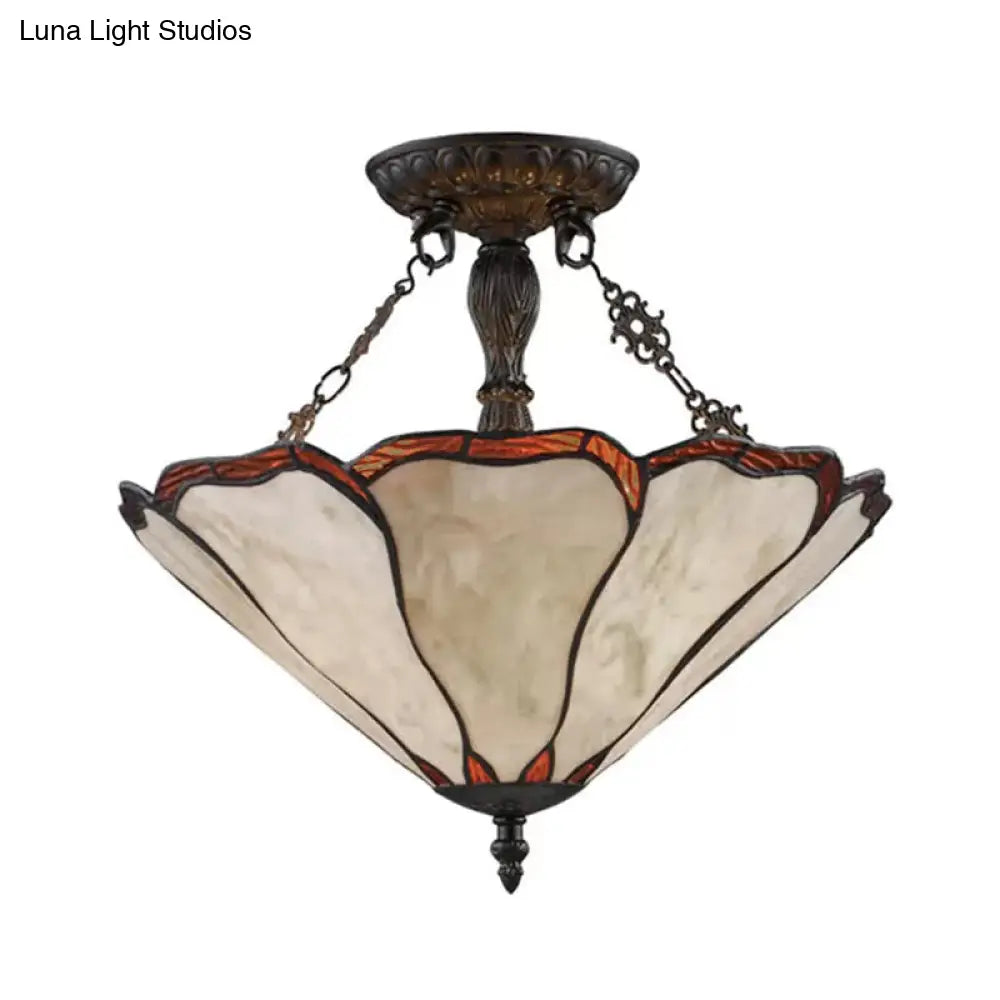 Tiffany Style Stained Glass Led Ceiling Light - Semi Flush Mount 2-Light Cone Design 14 W