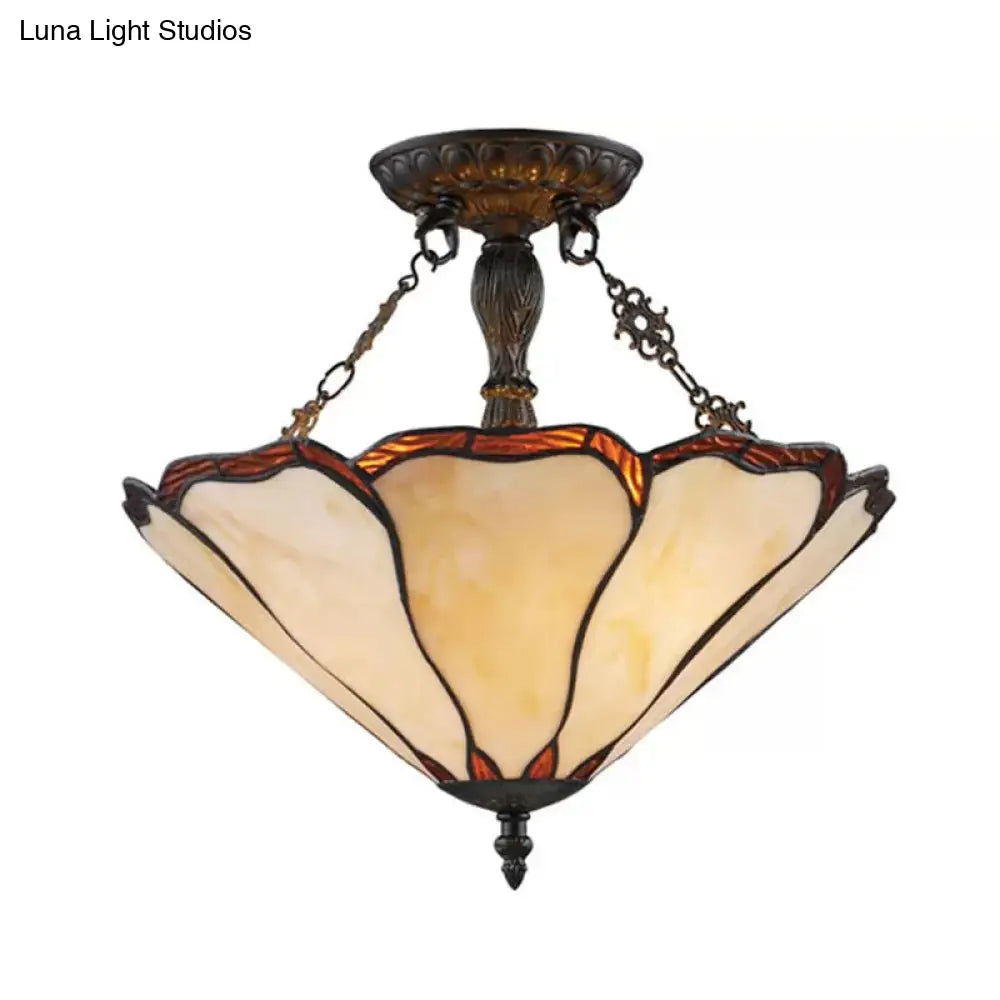 Tiffany Style Stained Glass Led Ceiling Light - Semi Flush Mount 2-Light Cone Design 14 W Beige