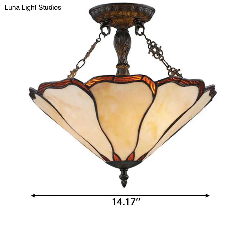 Tiffany Style Stained Glass Led Ceiling Light - Semi Flush Mount 2-Light Cone Design 14 W