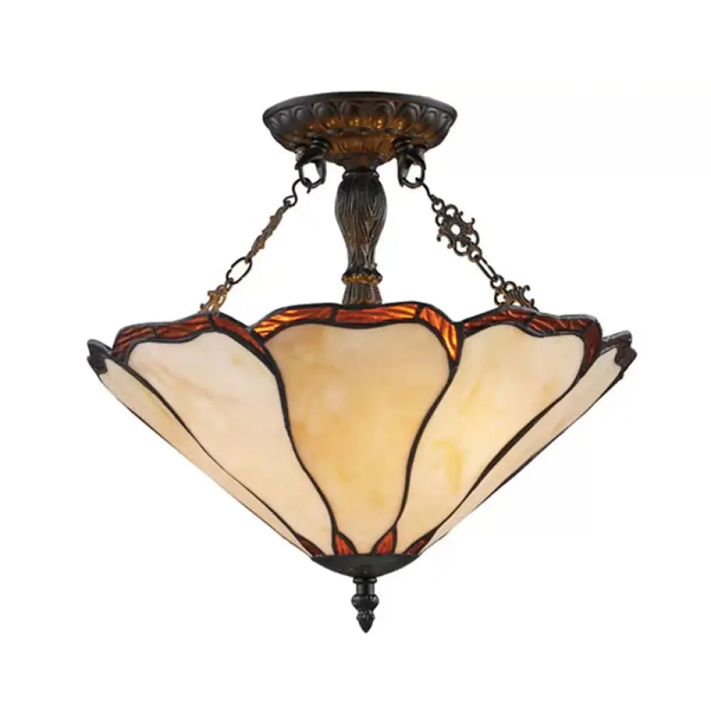 Tiffany Style Stained Glass Led Ceiling Light - 2 - Light Cone Semi Flush Mount 14’ W Beige