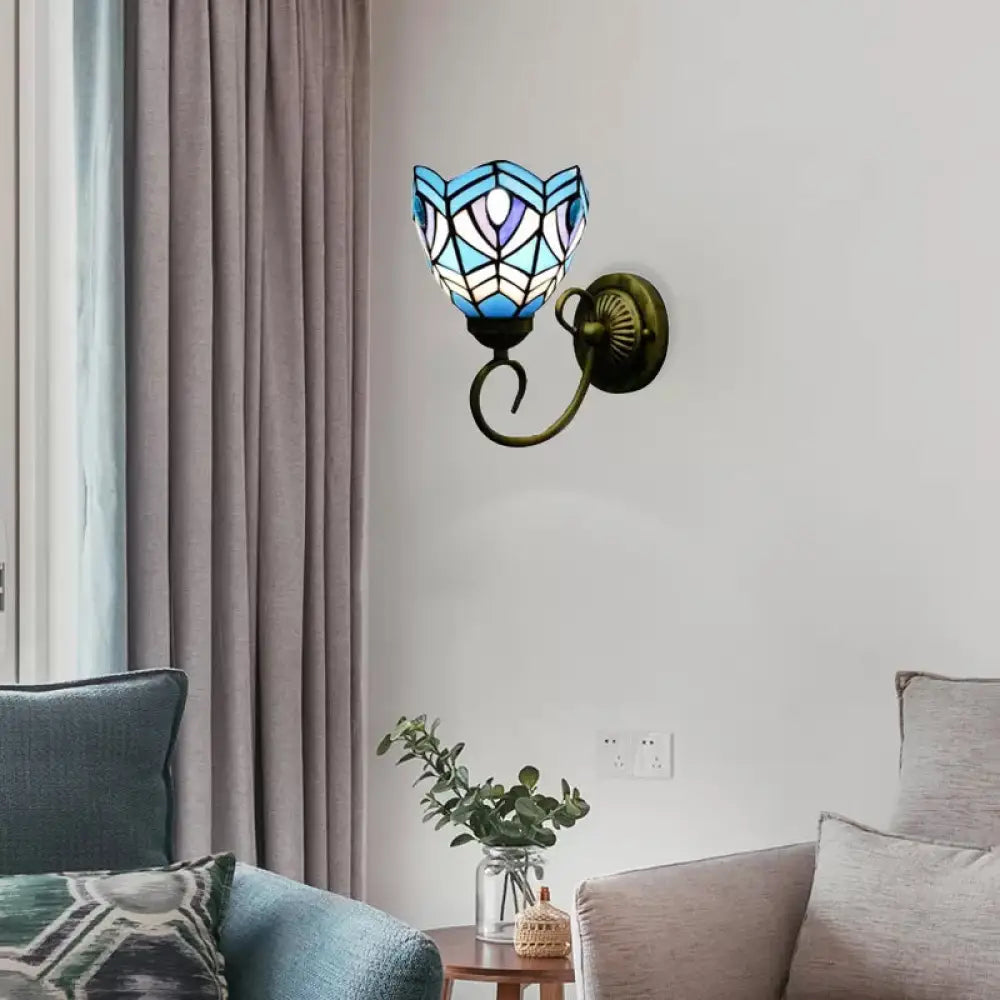 Tiffany Style Stained Glass Mini Wall Sconce For Bedroom With Single Light Blue / Bowl