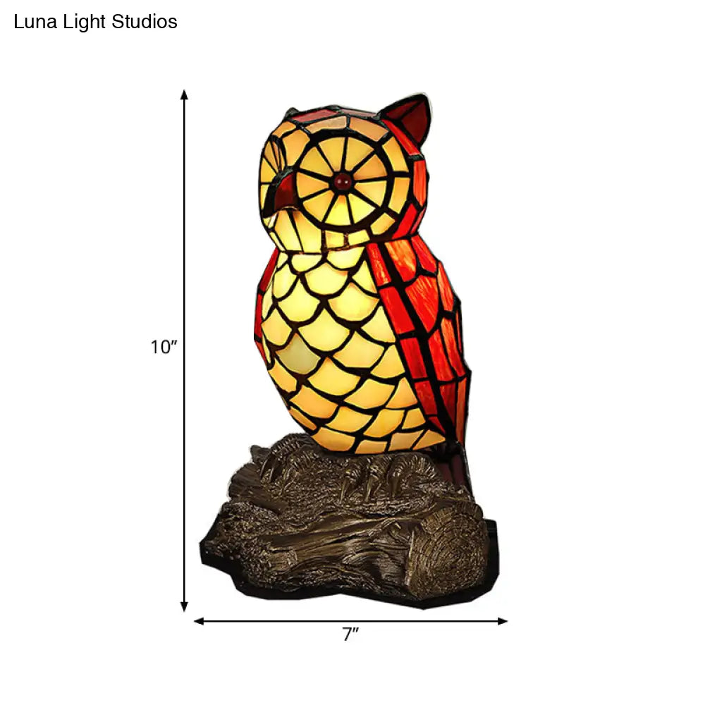 Tiffany Style Stained Glass Owl Shaped Nightstand Lamp Red Shade 1 Light With Resin Base