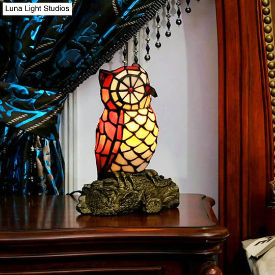 Tiffany Style Stained Glass Owl Shaped Nightstand Lamp Red Shade 1 Light With Resin Base