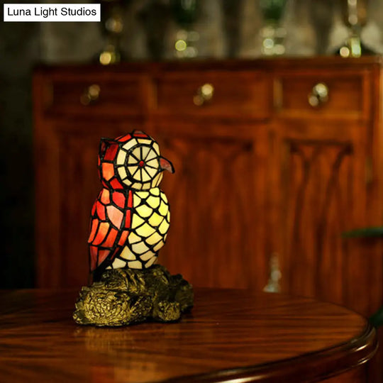 Tiffany Style Stained Glass Owl Shaped Nightstand Lamp Red Shade 1 Light With Resin Base