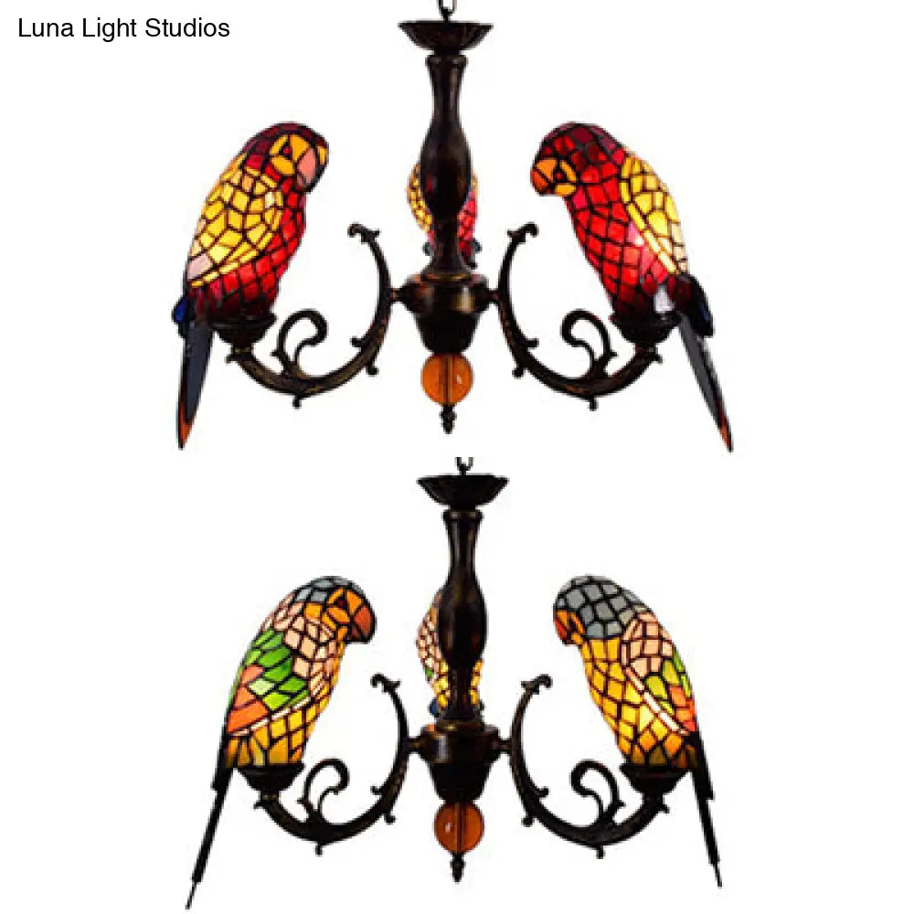 Tiffany Style Stained Glass Parrot Chandelier Light - Red/Blue 3 Lights Ideal For Restaurants