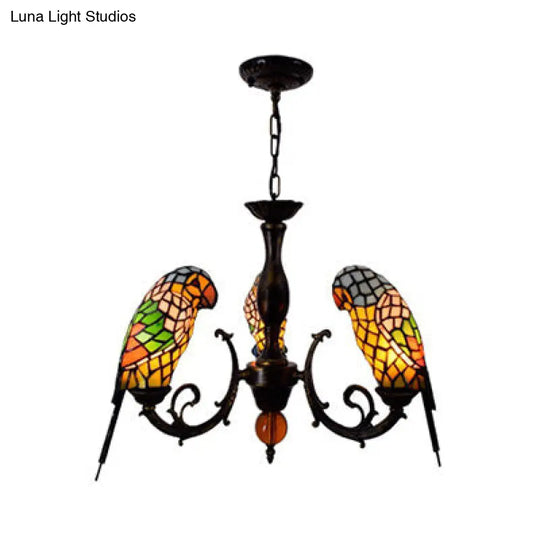 Tiffany Style Stained Glass Suspension Chandelier With Red/Blue Parrot Design - 3 Lights Ideal For