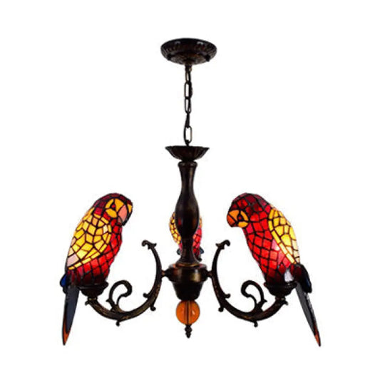 Tiffany Style Stained Glass Parrot Chandelier Light - Red/Blue 3 Lights Ideal For Restaurants Red