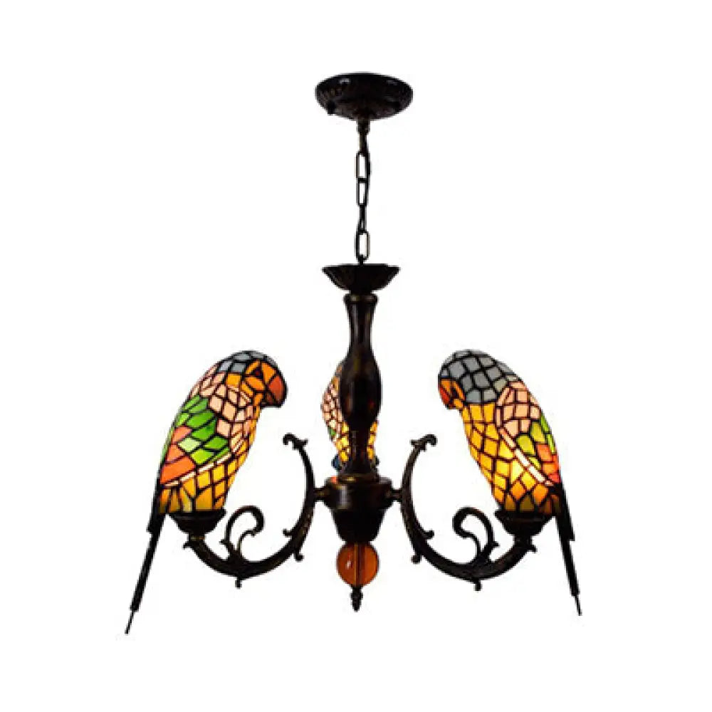 Tiffany Style Stained Glass Parrot Chandelier Light - Red/Blue 3 Lights Ideal For Restaurants Blue