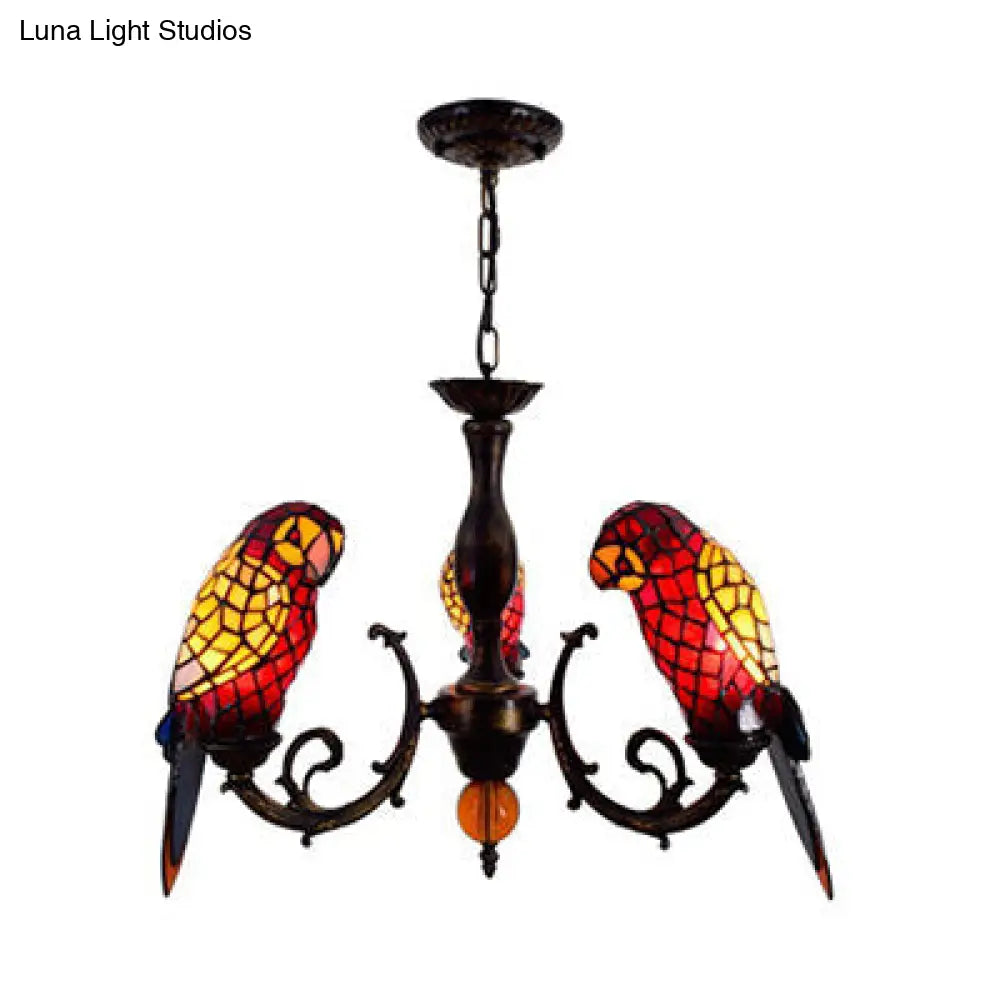 Tiffany Style Stained Glass Suspension Chandelier With Red/Blue Parrot Design - 3 Lights Ideal For