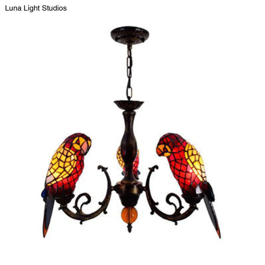 Tiffany Style Stained Glass Suspension Chandelier With Red/Blue Parrot Design - 3 Lights Ideal For