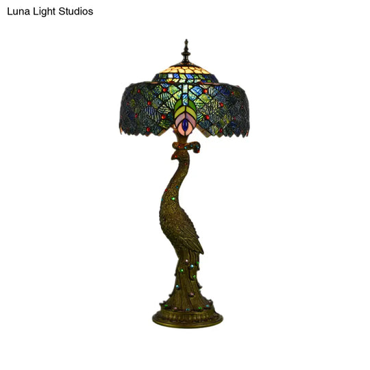 Tiffany Style Stained Glass Peacock Feather Night Table Light - Brass Finish