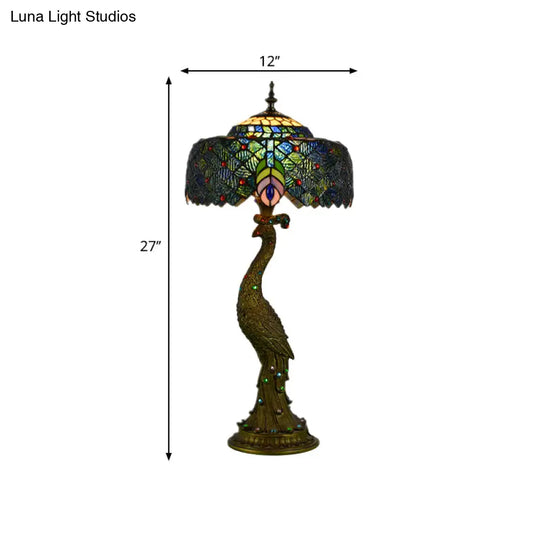 Tiffany Style Stained Glass Peacock Feather Night Table Light - Brass Finish