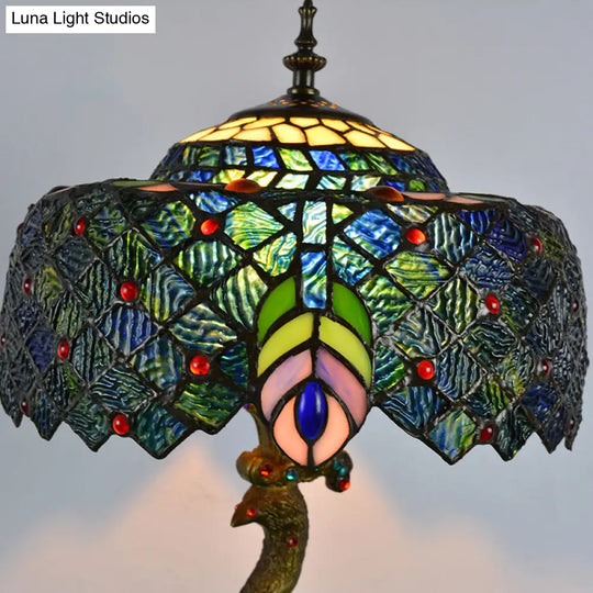 Tiffany Style Stained Glass Peacock Feather Night Table Light - Brass Finish