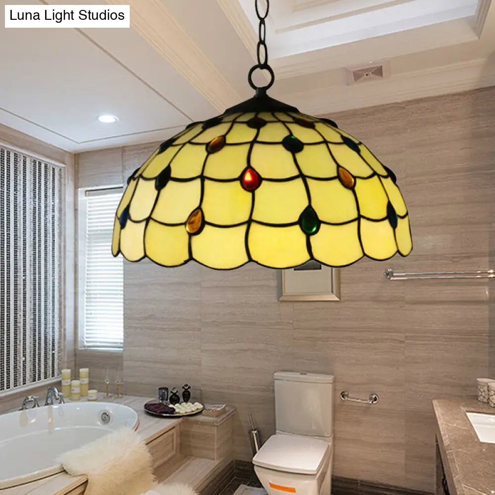 Tiffany-Style Stained Glass Pendant Lamp With Jewel Detail White 1-Head Lighting Fixture For