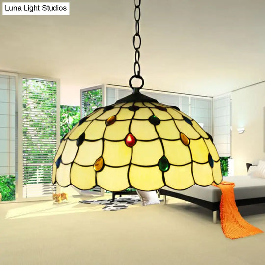 Tiffany-Style Stained Glass Pendant Lamp With Jewel Detail White 1-Head Lighting Fixture For