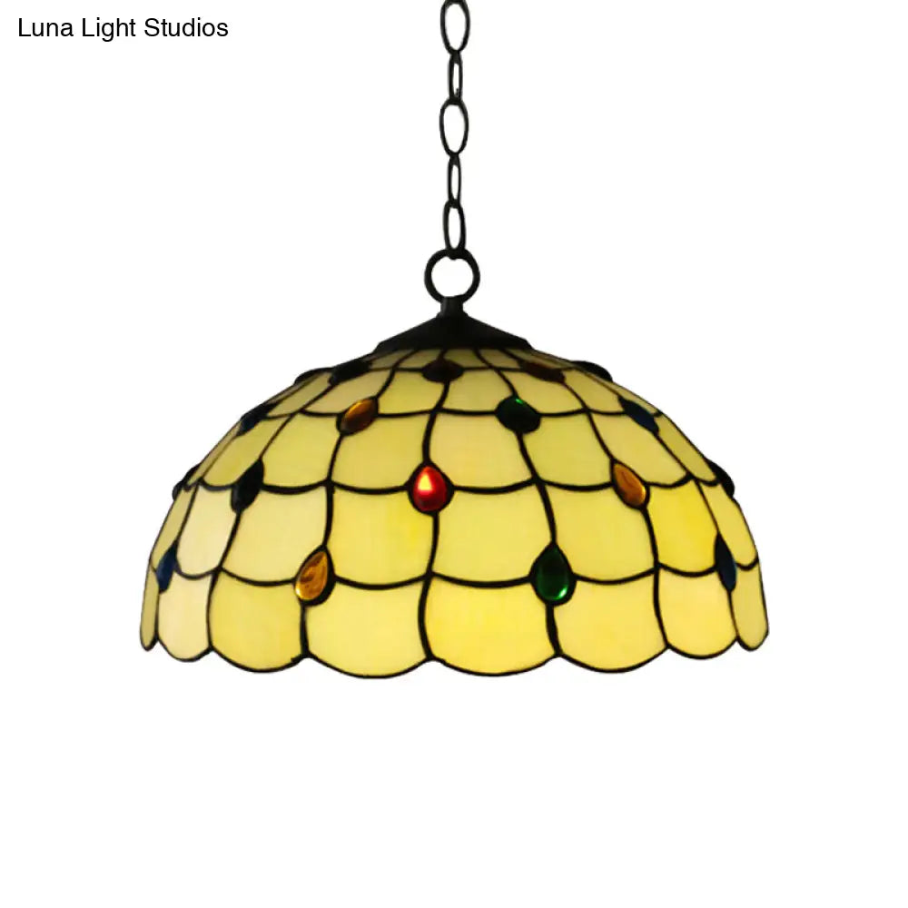 Tiffany-Style Stained Glass Pendant Lamp With Jewel Detail White 1-Head Lighting Fixture For