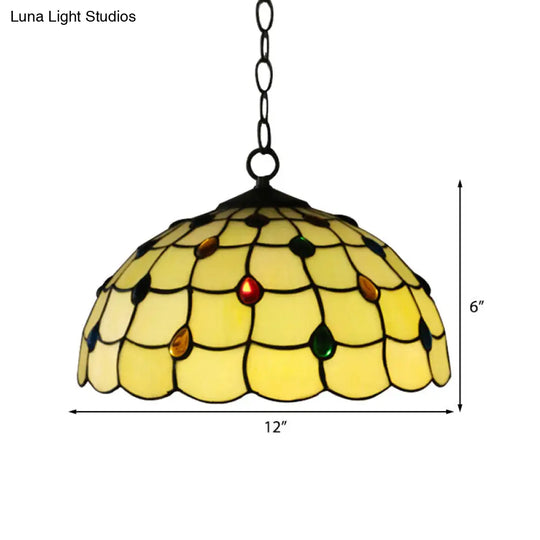 Tiffany-Style Stained Glass Pendant Lamp With Jewel Detail White 1-Head Lighting Fixture For