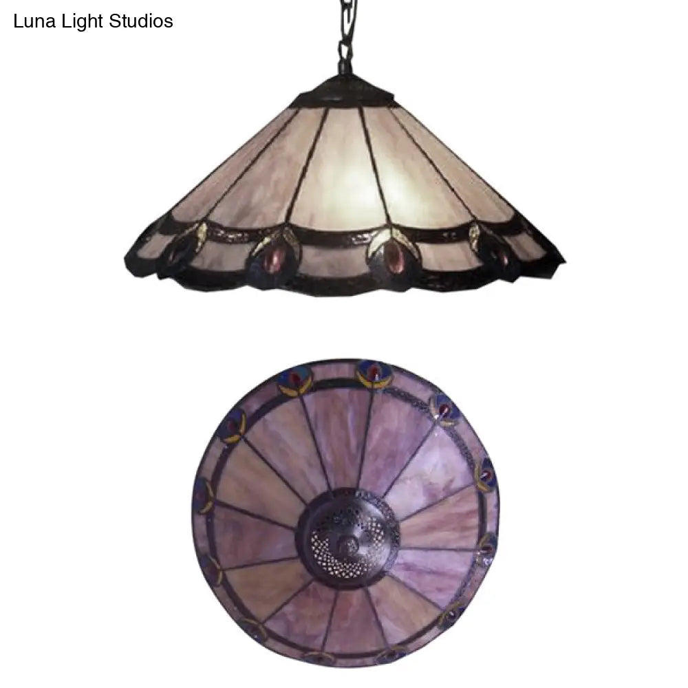 Tiffany-Style Purple Stained Glass Pendant Lamp - 12/16 Wide Tapered 1-Bulb Design For Dining Room