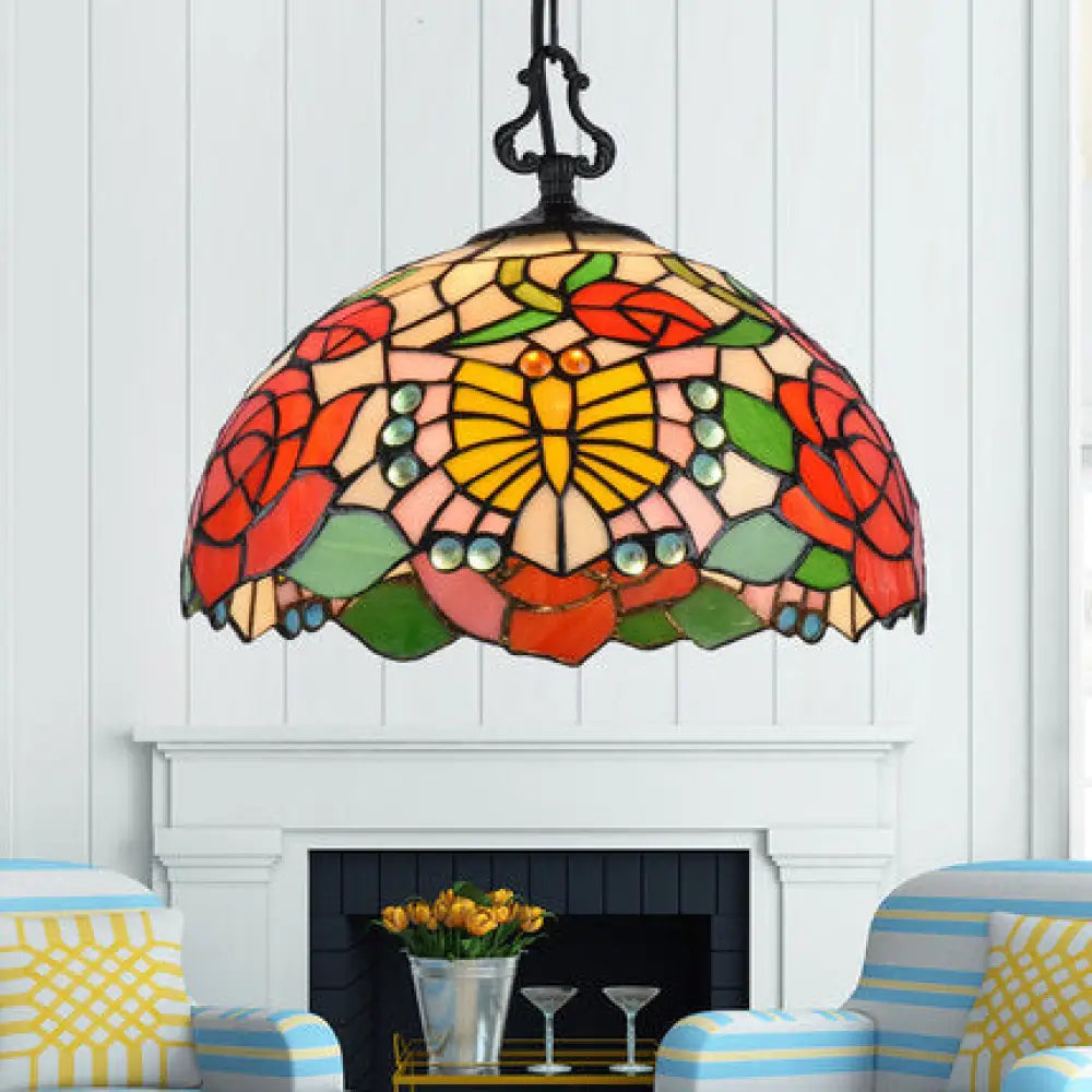 Tiffany-Style Stained Glass Pendant Light Fixture - Black Victorian/Butterfly/Sunflower Design /