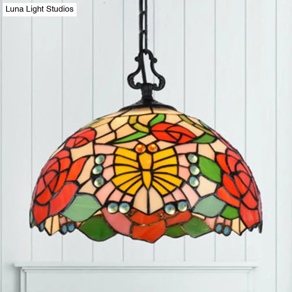 Tiffany-Style Stained Glass Pendant Light Fixture - Black Victorian/Butterfly/Sunflower Design
