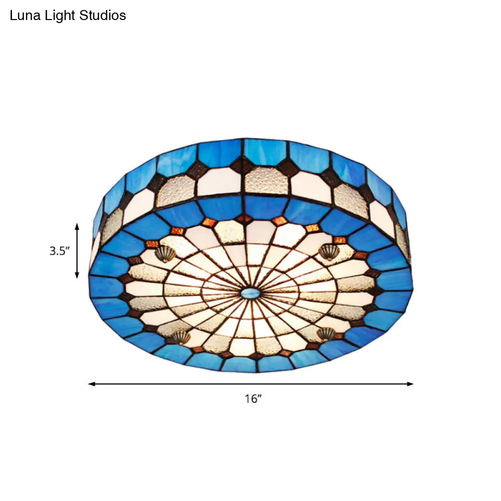 Tiffany Style Stained Glass Round Ceiling Light Fixture - Blue 16/23.5 Flushmount With 3/4 Lights