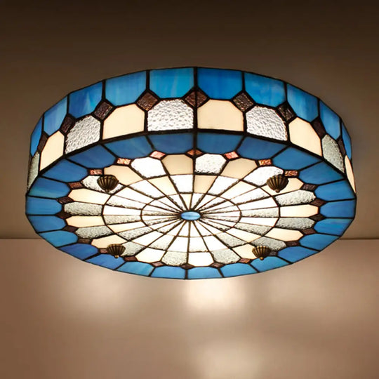 Tiffany Style Stained Glass Round Ceiling Light Fixture - Blue 16’/23.5’ Flushmount With 3/4