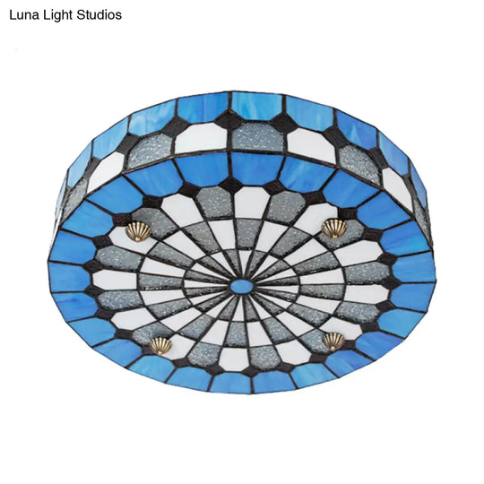 Tiffany Style Stained Glass Round Ceiling Light Fixture - Blue 16’/23.5’ Flushmount With 3/4
