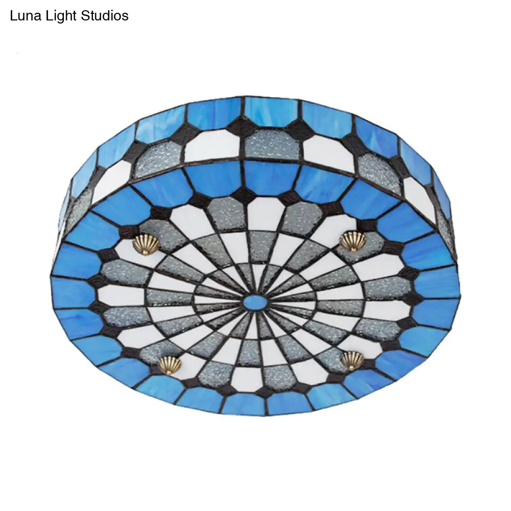 Tiffany Style Stained Glass Round Ceiling Light Fixture - Blue 16/23.5 Flushmount With 3/4 Lights