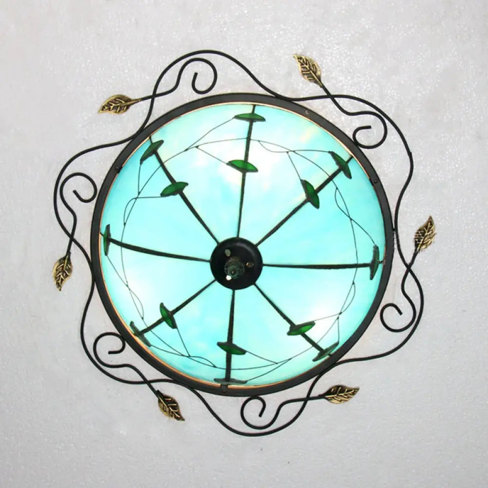 Tiffany Style Stained Glass Round Ceiling Light Fixture With Leaf Pattern - Beige/Blue 3 Bulbs Blue