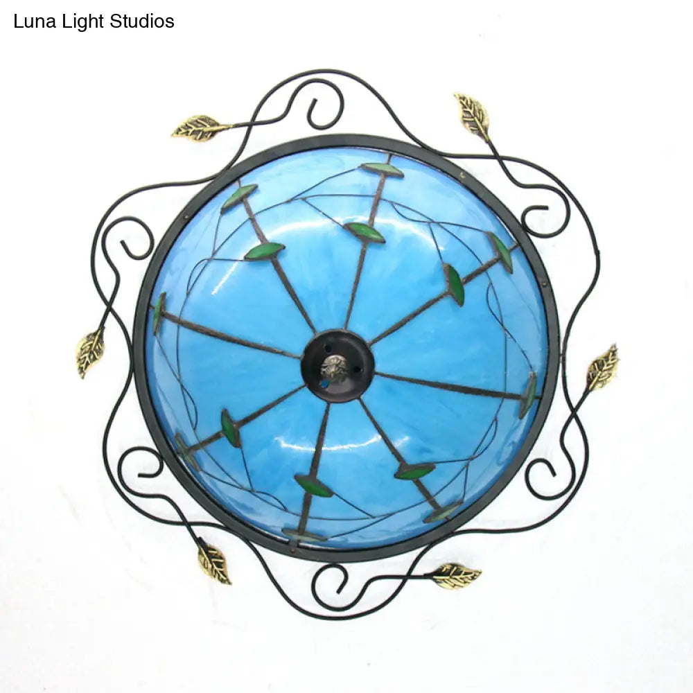 Tiffany Style Stained Glass Round Ceiling Light Fixture With Leaf Pattern - Beige/Blue 3 Bulbs