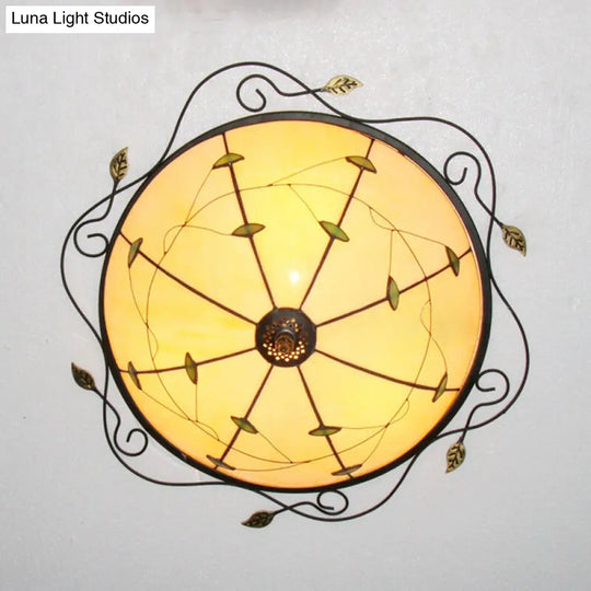 Tiffany Style Stained Glass Round Ceiling Light Fixture With Leaf Pattern - Beige/Blue 3 Bulbs Beige